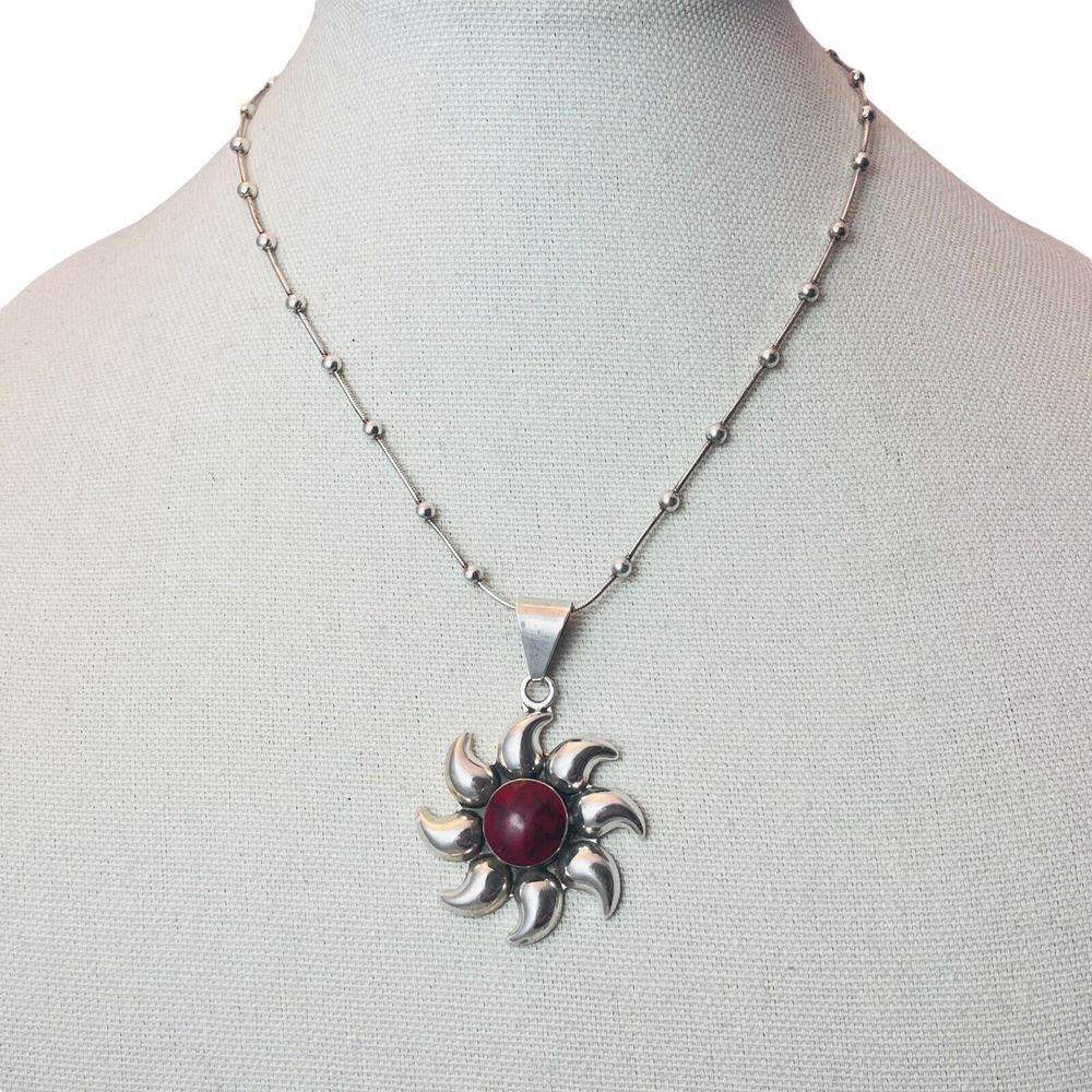 Vintage Sterling Silver Red Jasper Necklace Sun Sunburst Star Pendant Italyβ